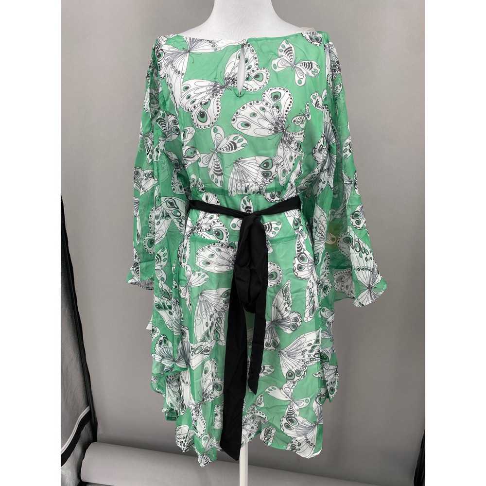 Smak Parlour Green Moth Print Butterfly Sleeve Mini Dress Size XL Unique Vintage